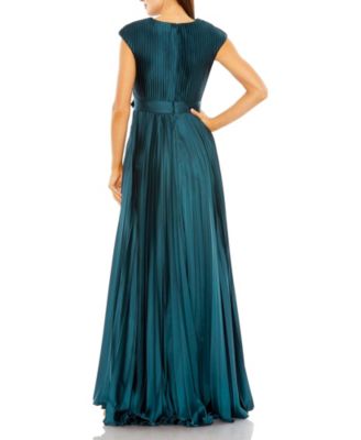 Women's Pleated Plunge Neck Belted A Line Gown
