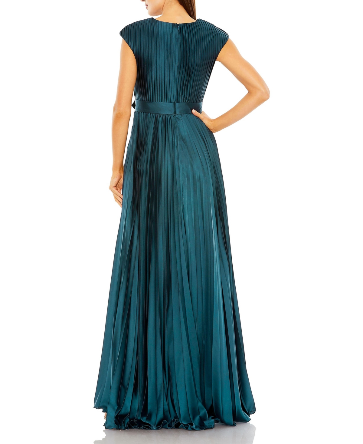 Mac Duggal Women's Pleated Plunge Neck Belted A Line Gown