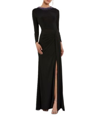 Women's Long Sleeve Jersey Ruched Gown With Beaded Neck