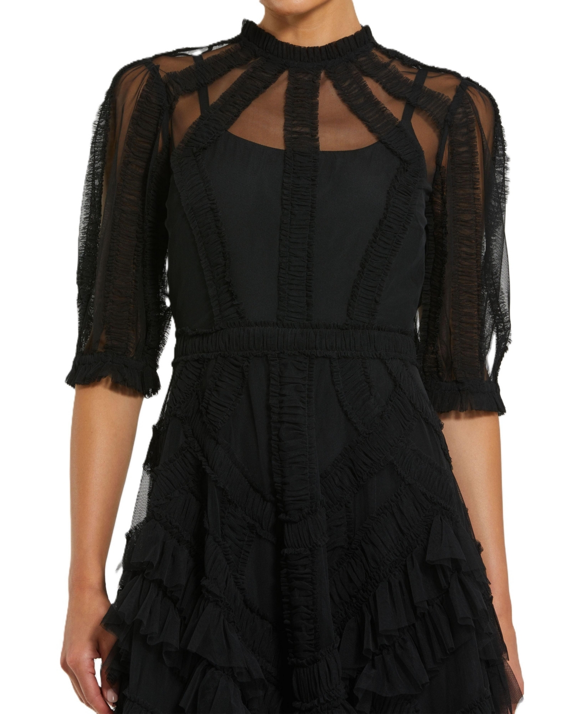 Mac Duggal Women's High Neck Puff Sleeve Ruffle Tiered Dress