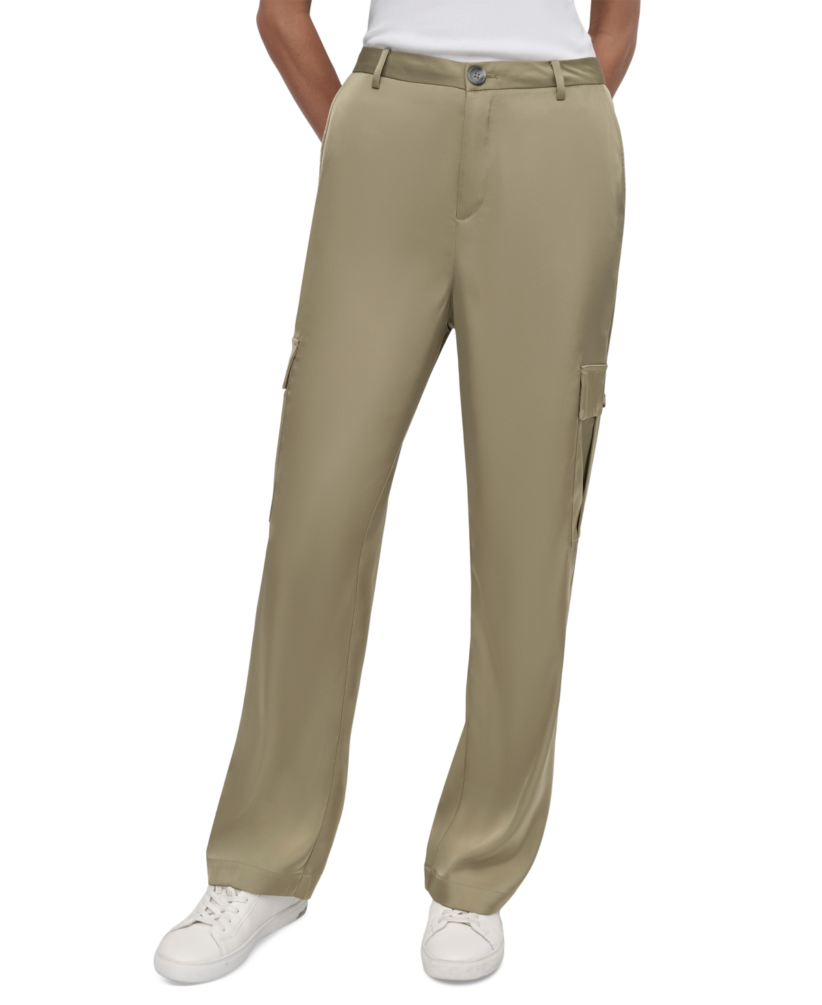 Women's Stretch Satin Cargo Wide-Leg Pants - BLK - BLACK