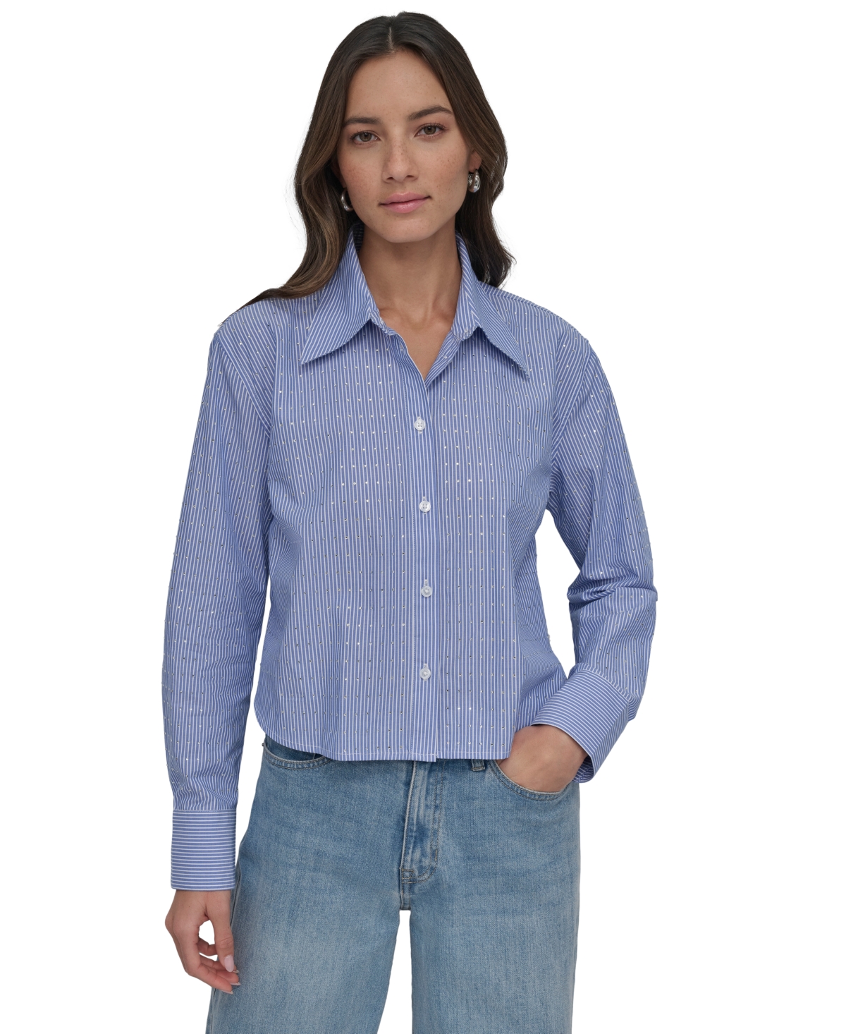 DKNY JEANS WOMEN'S STRIPED POPLIN STUDDED RHINESTONE COTTON LONG-SLEEVE BUTTON-FRONT SHIRT 