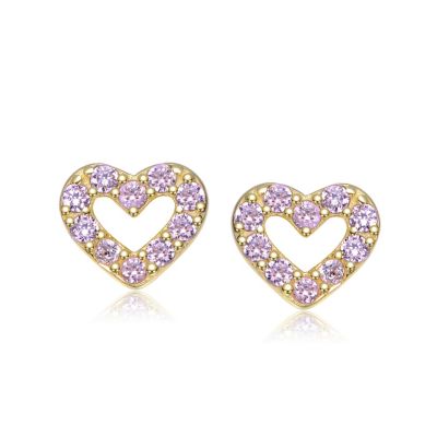 Sterling Silver 14K Gold Plated with Paved Colored Cubic Zirconia Heart Stud Earrings