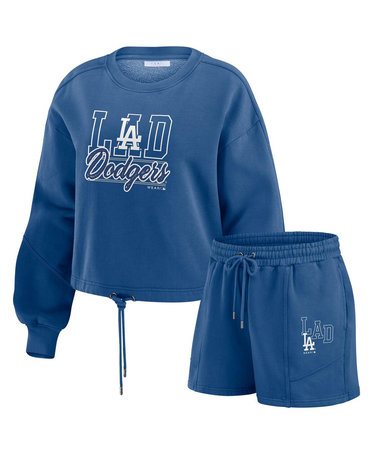 Women's Navy Los Angeles Dodgers Washed Fleece Sweatshirt Shorts Lounge Set - Navy