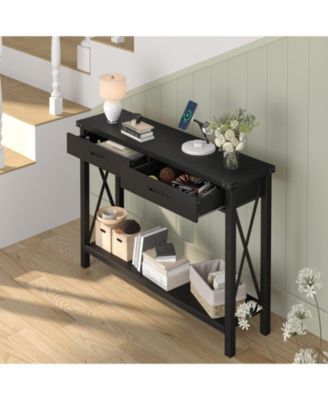 Console Table with 2 Drawers, Farmhouse Sofa Table with Storage Shelf, Accent Wood Entryway Table