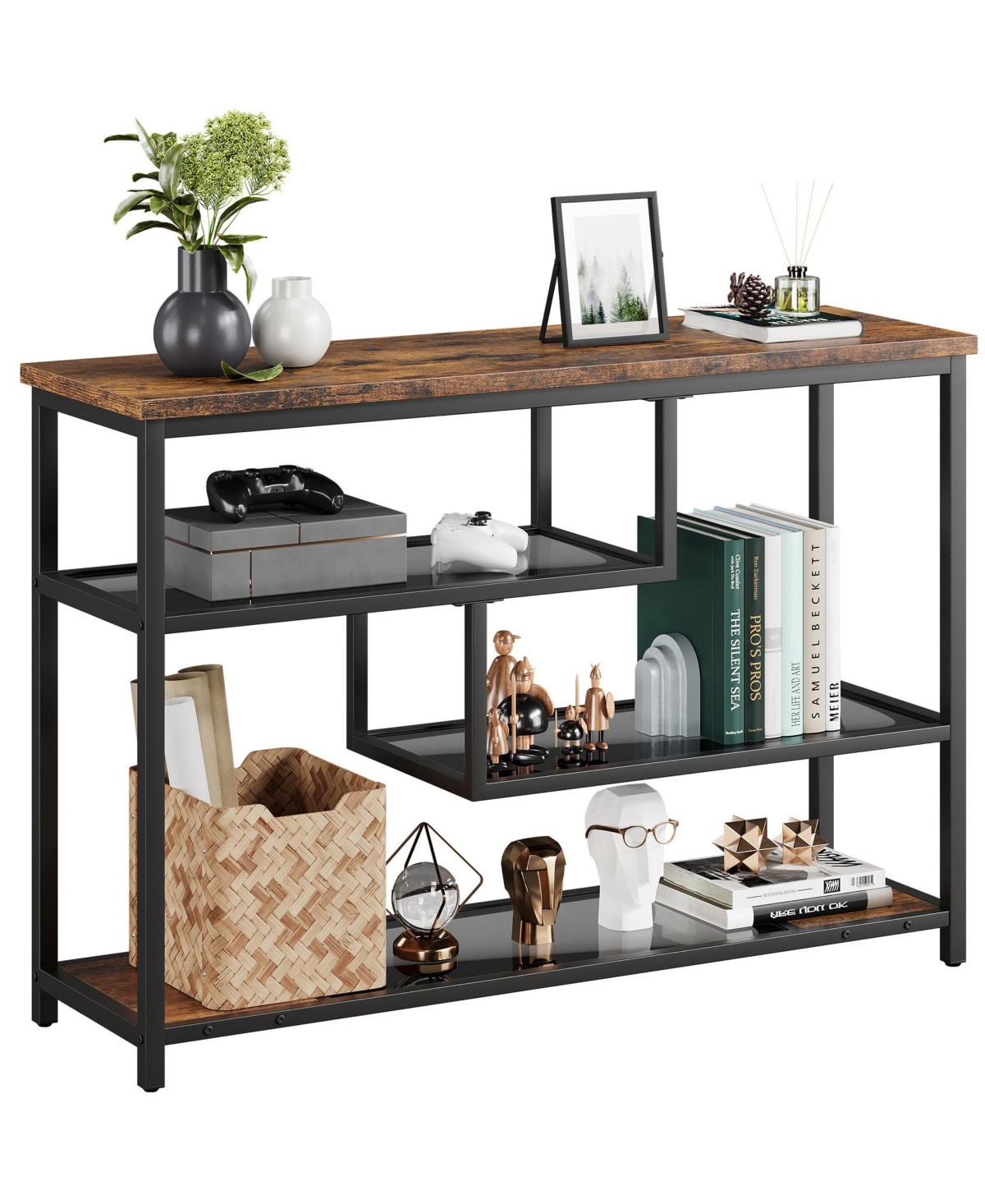 gaomon Console Table, 4-Tier Sofa Tables Narrow Entryway Table with Glass Shelf and Metal Frame