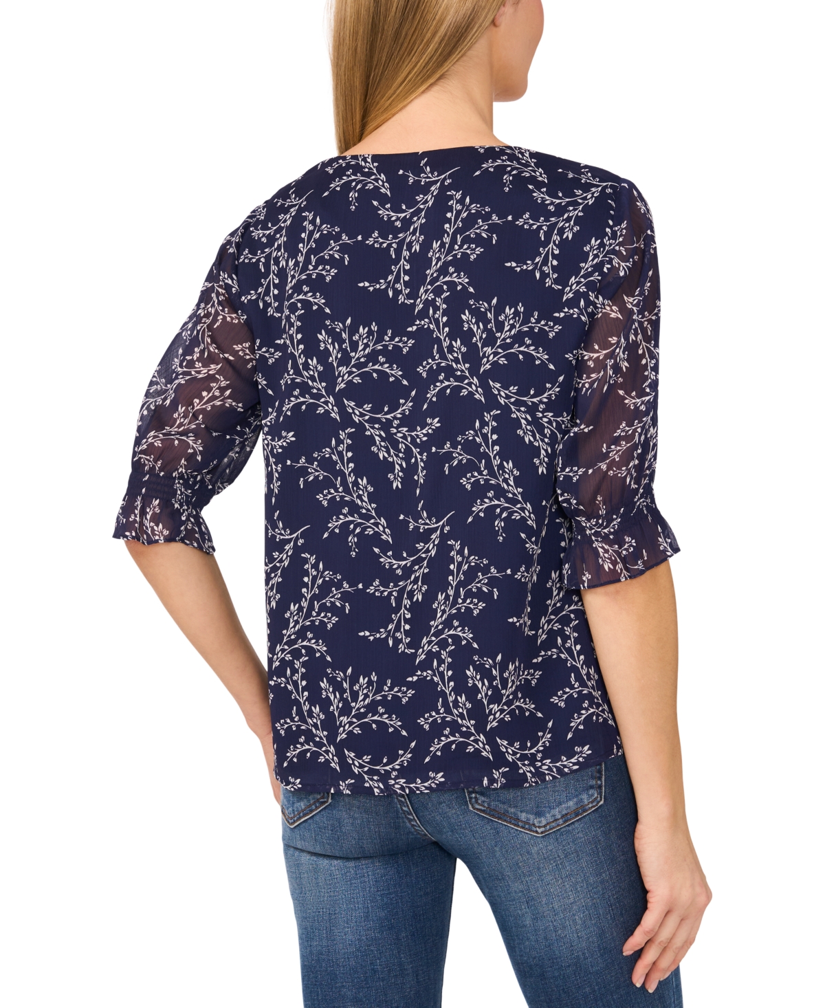 Cece Women's Printed V-neck Smocked-cuff Blouse In Classic Navy