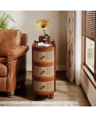 Solid Wood End Table Set of 2, 3-Drawer Rattan Nightstands with Embossed Handles, Fully Assembled for Living Room or Bedroom