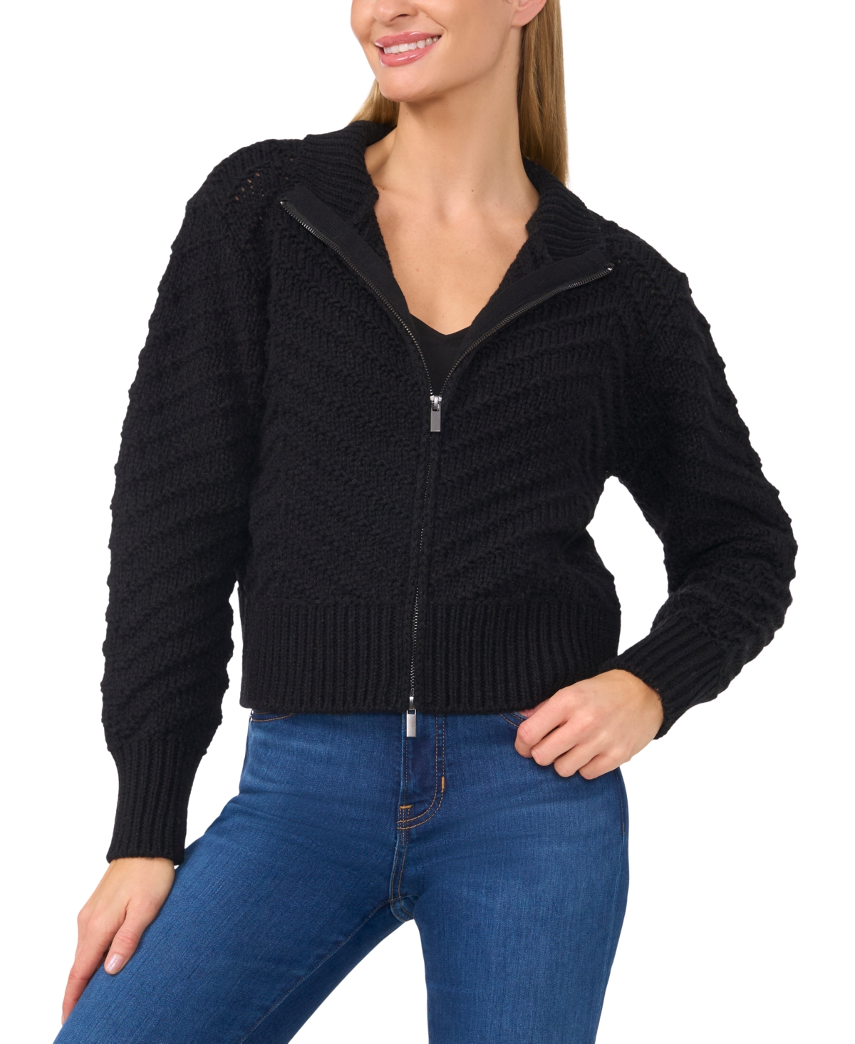 CeCe Women's Textured Zip-Up Cardigan