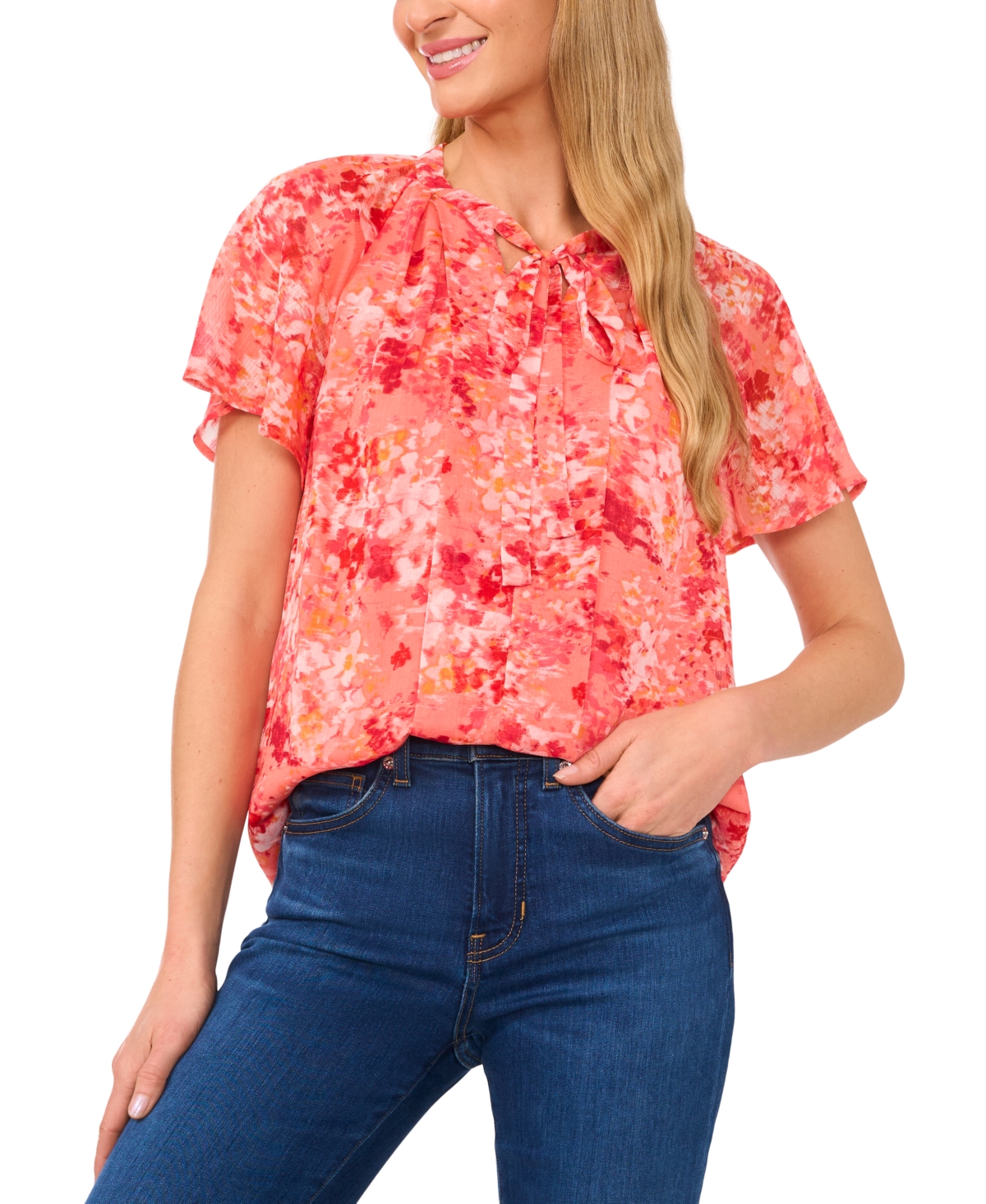 Cece Women's Printed Flutter-sleeve Pleated Bow Blouse In Deep Sea Coral
