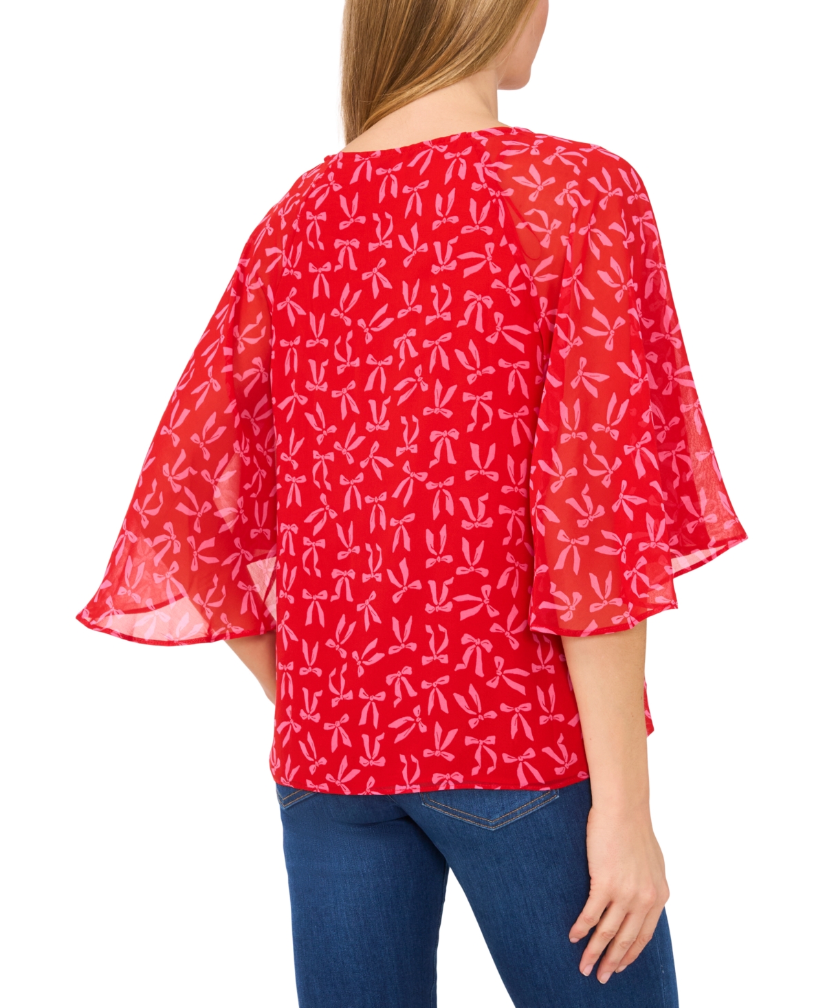 CECE WOMEN'S BOW-PRINT TIE-NECK RAGLAN-SLEEVE TOP 