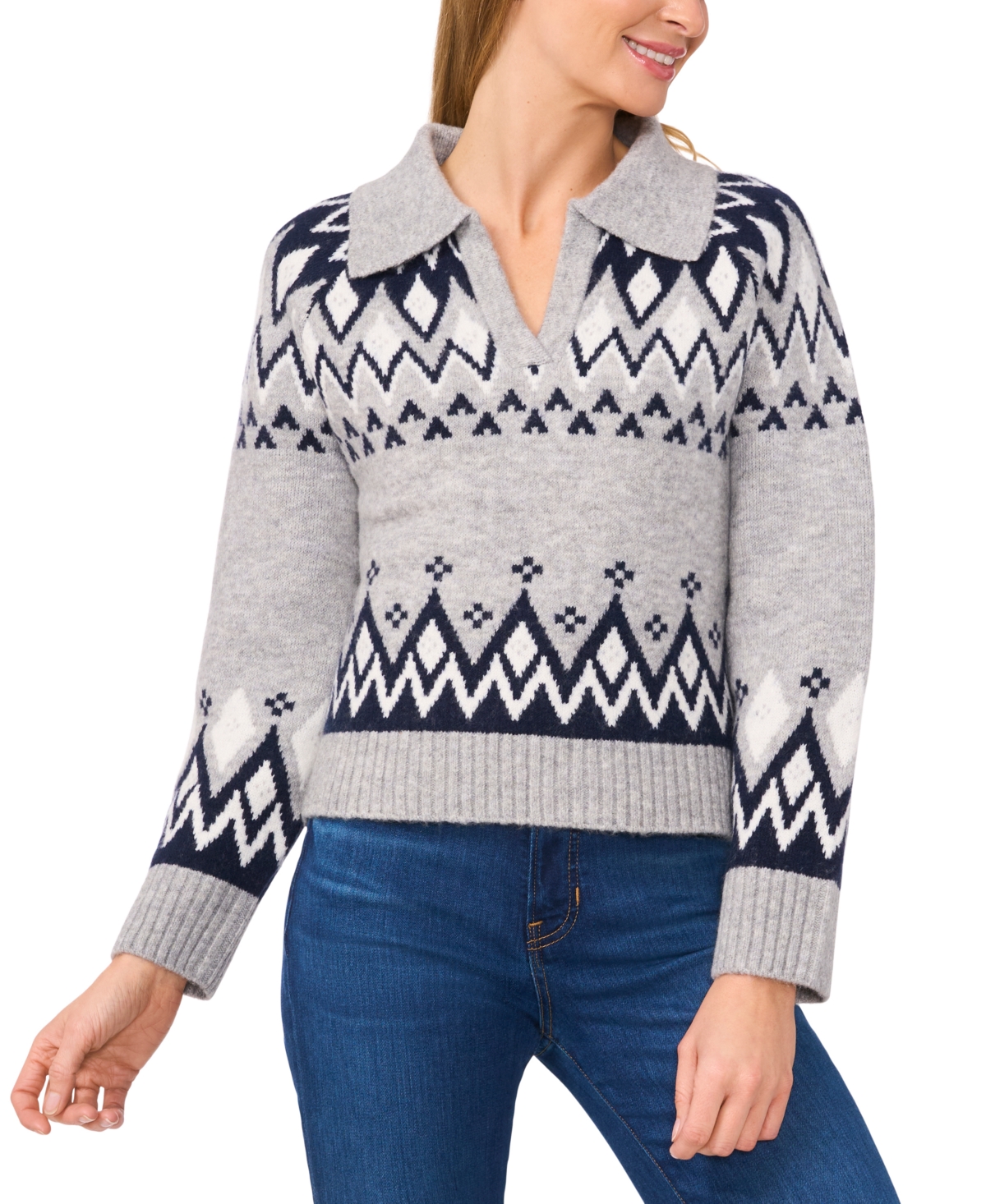 Shop Cece Women's Collared Fair Isle Sweater In Light Heather Grey