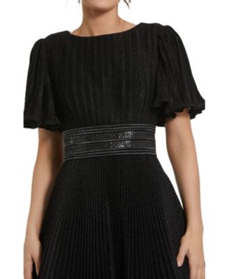 Women's Pleated Shimmering Georgette Flutter Sleeve Gown