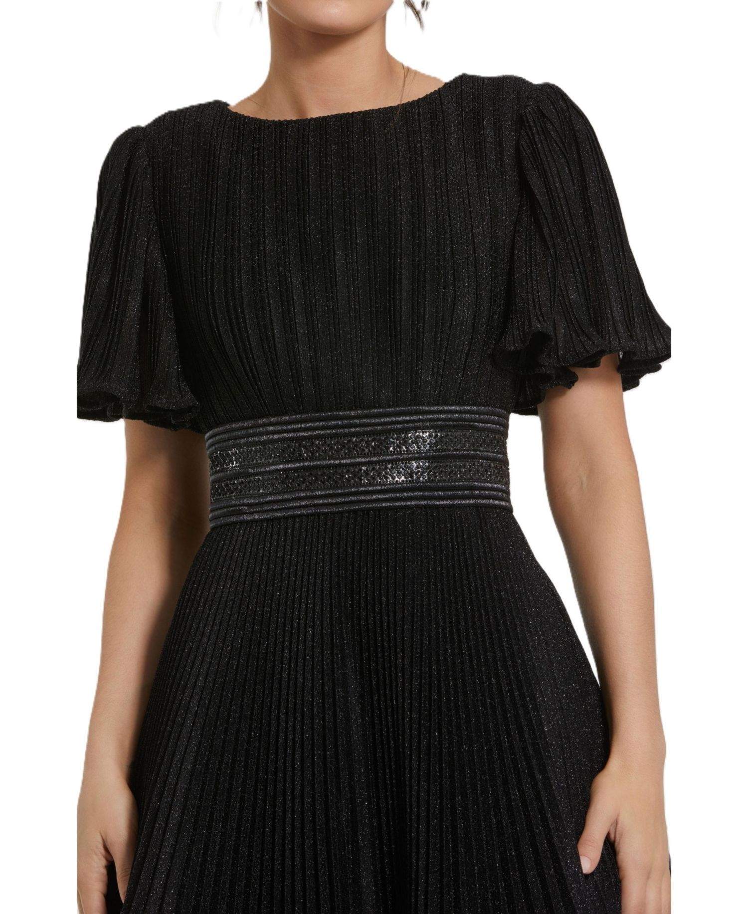Women's Pleated Shimmering Georgette Flutter Sleeve Gown