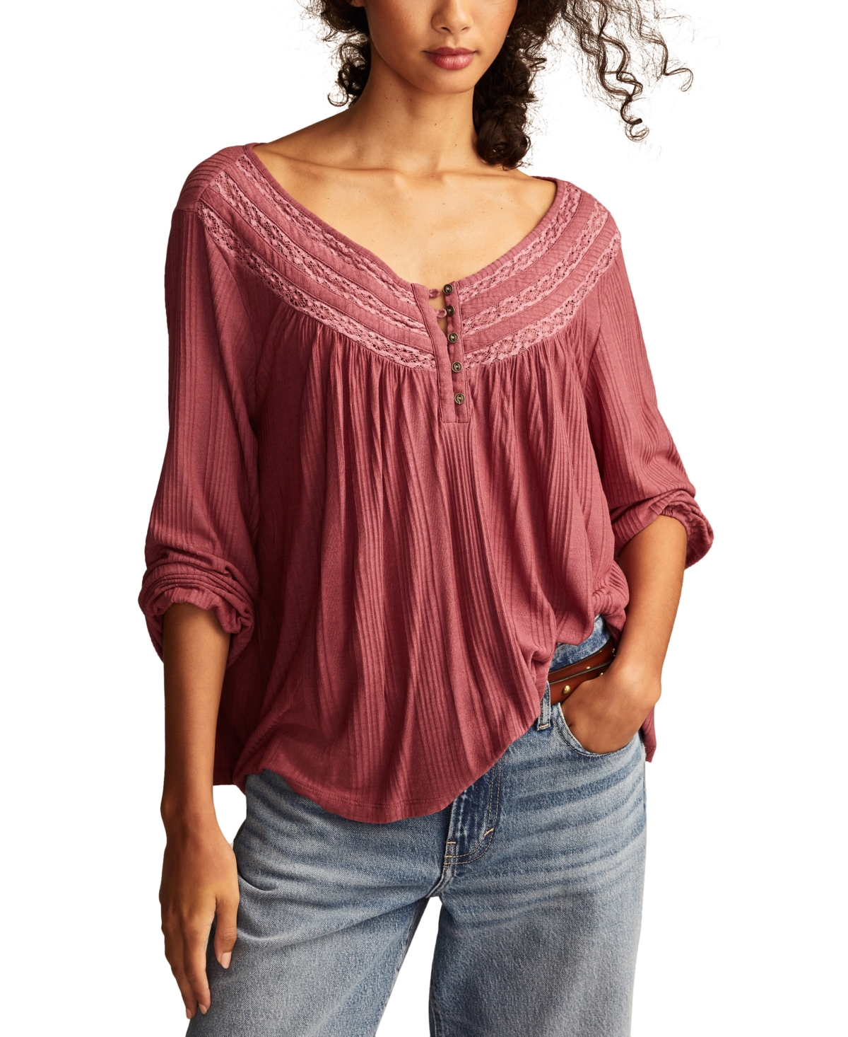 Lucky Brand Women's Smocked Lace-Yoke Top