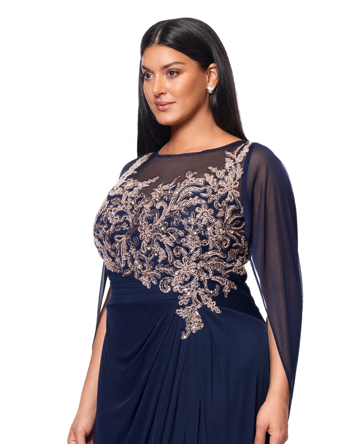 Betsy & Adam Plus Size Floral-applique Cape-sleeve Gown In Navy,rose