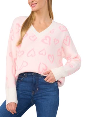 CeCe - Women's Hearts Long-Sleeve V-Neck Sweater