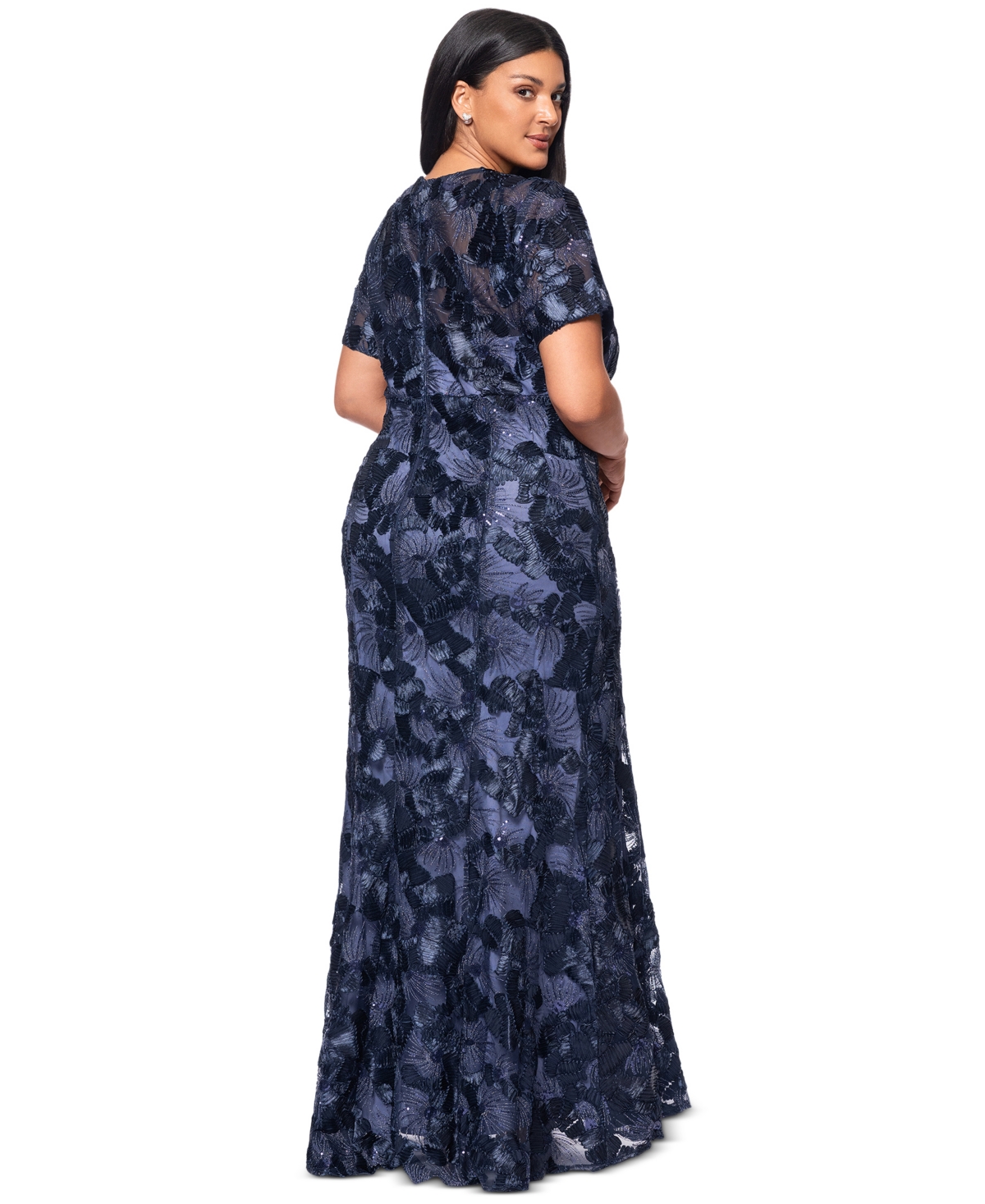BETSY & ADAM PLUS SIZE FLORAL SEQUIN V-NECK SHEATH GOWN 