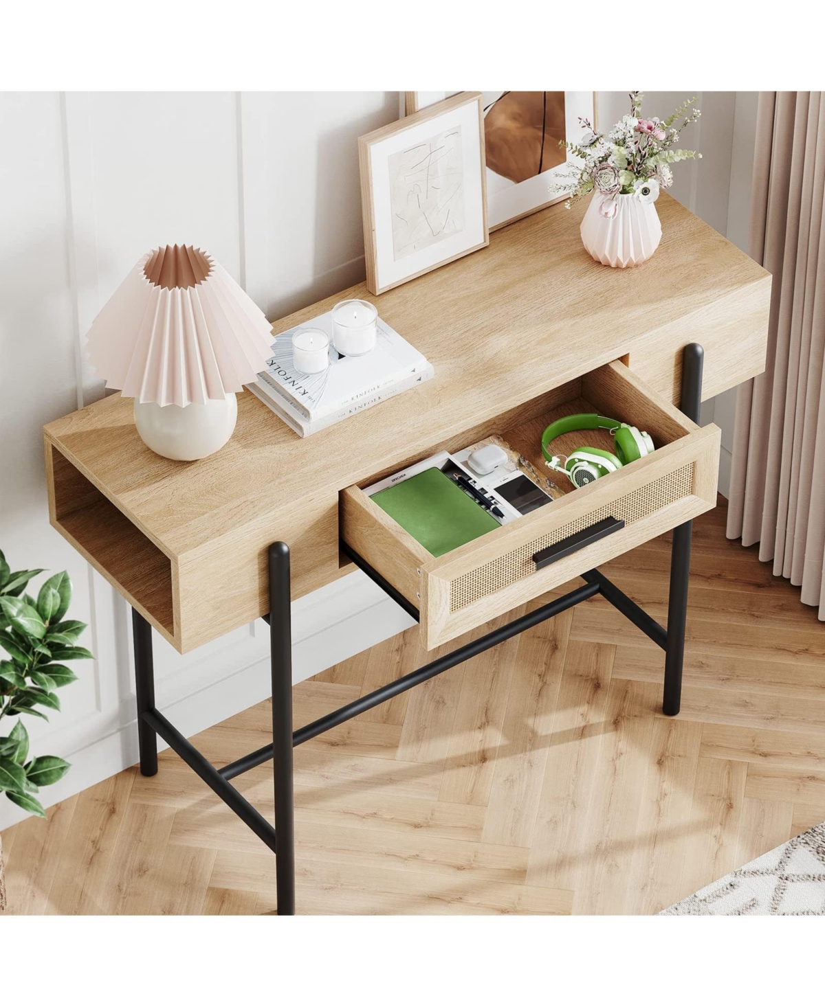 gaomon Console Table Rattan Sofa Tables Narrow Entryway Table with Drawer and Storage -pastel Brown
