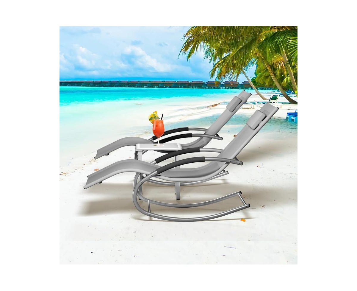 gaomon Outdoor Patio Chaise Lounge Set of 2, 3 Pieces Rocking Lounge Chairs with Arm, Headrests Side Table, Beach Sunbathing Lawn Iron Chairs for Outs