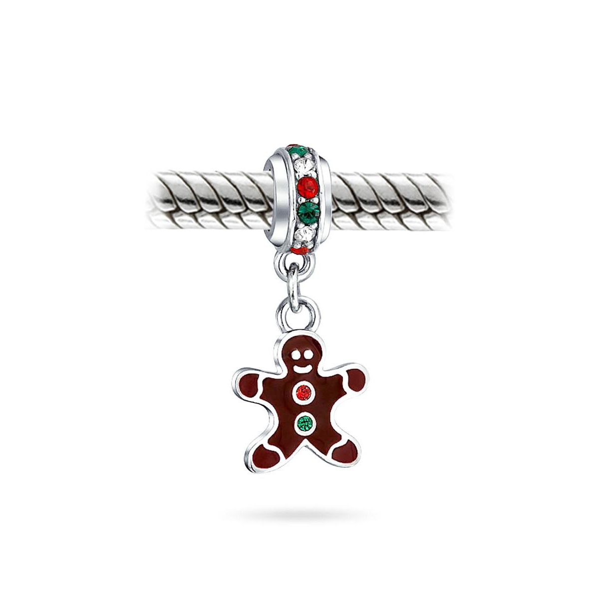 Bling Jewelry Christmas Charm Bead Gingerbread Man Cookie Brown Enamel Sterling Silver Bracelet - Multi-color