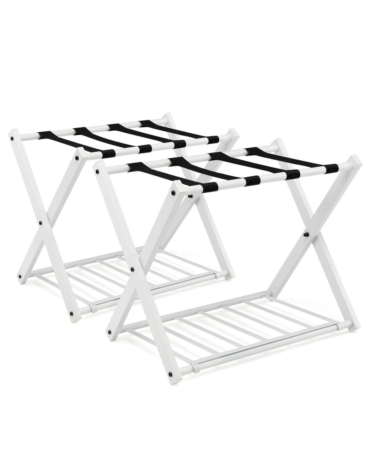 Set of 2 Folding Metal Luggage Rack Suitcase Shoe Holder Hotel Guestroom withShelf - White