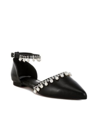 Aouva Rhinestone & Pearl Ankle Strap Flat Sandals