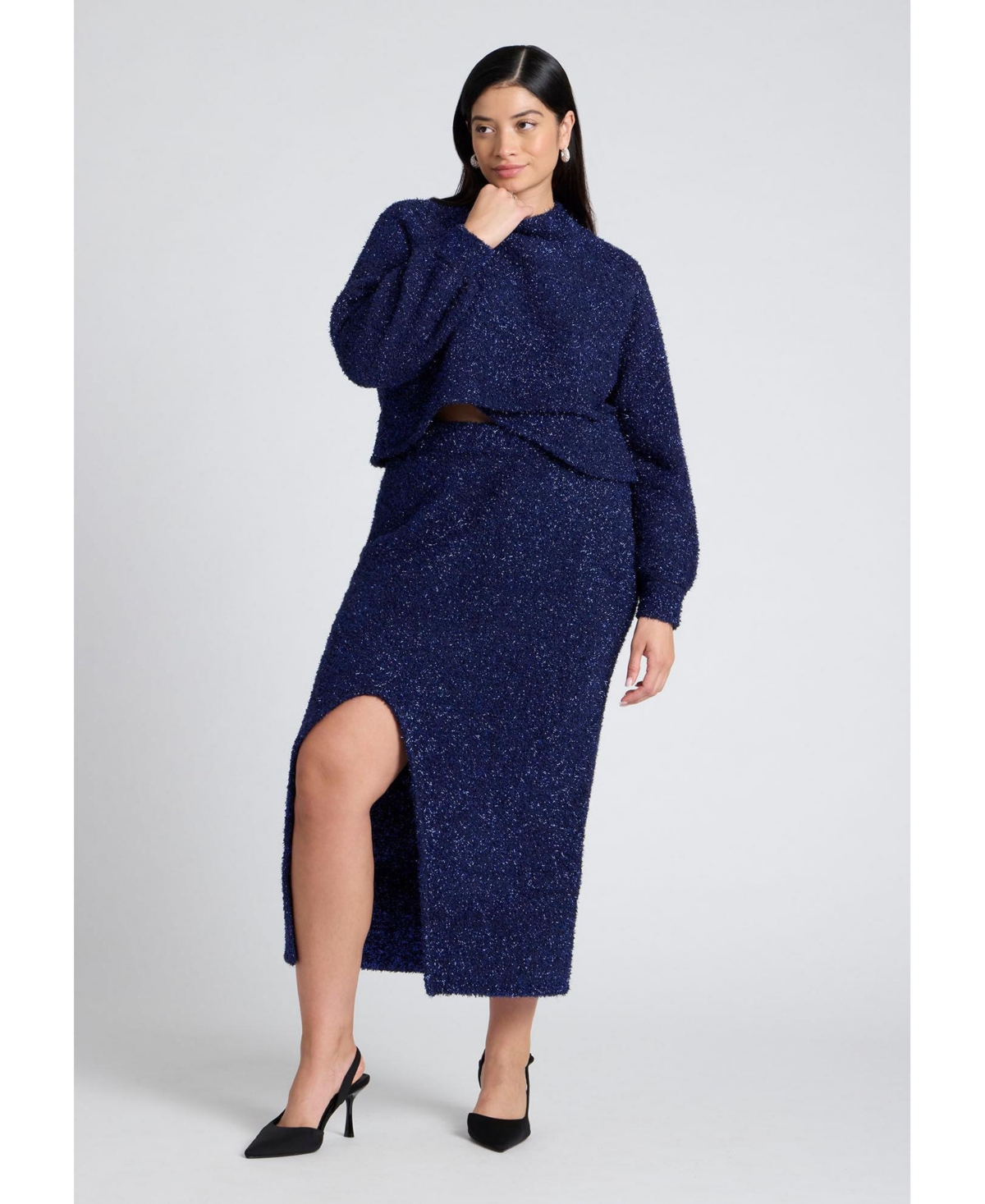 Plus Size Metallic Sweater Skirt With Slit - Navy