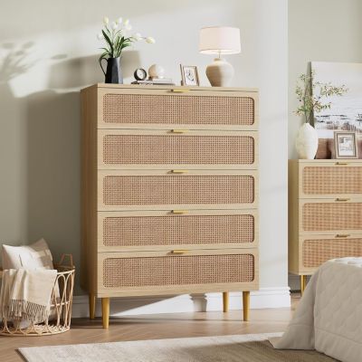 5 Drawer Dresser for Bedroom, Rattan Chest of Drawers with Deep Drawers
