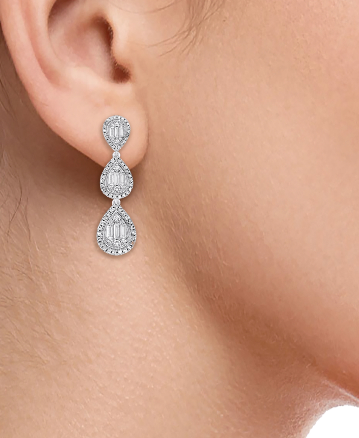 Diamond Baguette & Round Triple Teardrop Cluster Drop Earrings (1-1/2 ct. t.w.) in 14k- White Gold