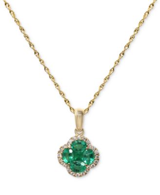 Macy's - Emerald (5/8 ct. t.w.) & Diamond (1/10 ct. t.w.) Clover Halo Cluster Pendant Necklace in 14k Gold, 16" + 2" extender