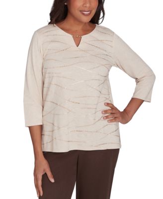 Alfred Dunner - Petite Split-Neck Embellished 3/4-Sleeve Top