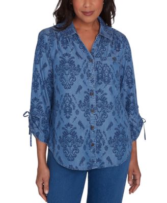 Alfred Dunner - Petite Button Front Drawstring Sleeve Top