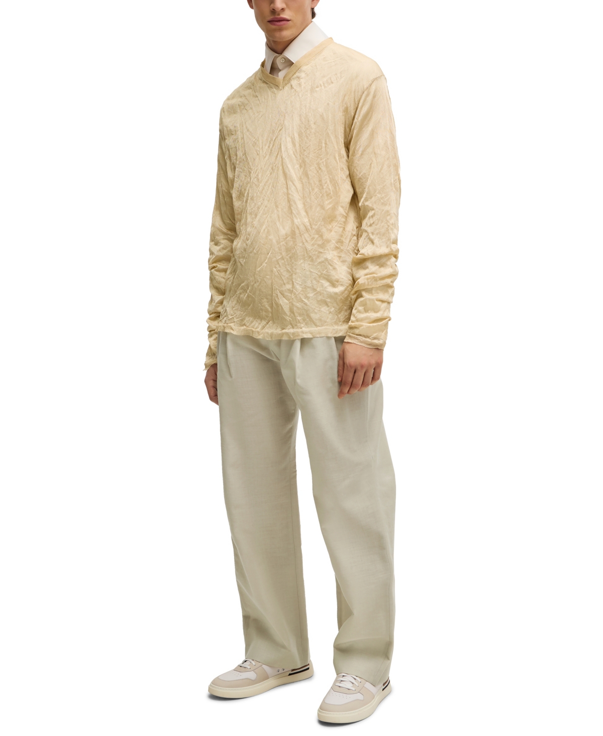 Shop Hugo Boss Boss By  Men's Crinkled Knit V-neck Sweater In Open Beige