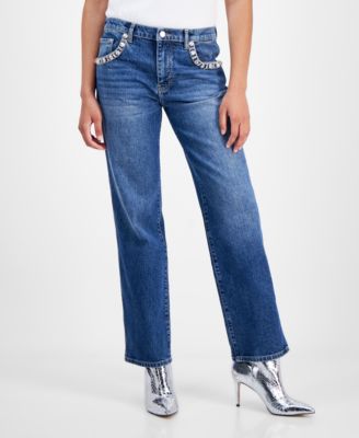 GUESS - Women's Daisy Rhinestone-Trim Straight-Leg Jeans
