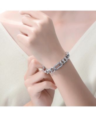 Men's Sterling Silver White Gold Plated with Iced Out Cubic Zirconia Paper Clip Curb Chain Bracelet