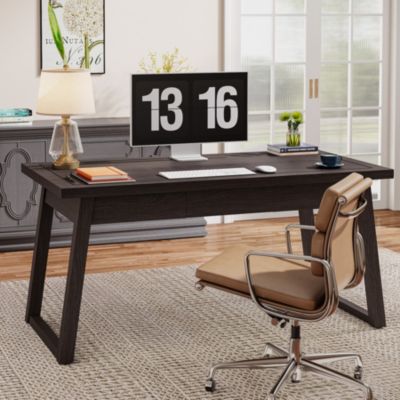 Home Office Executive Desk: 55 Inches Wooden Computer Desk with Drawer, Mid-Century Modern Study Writing Table