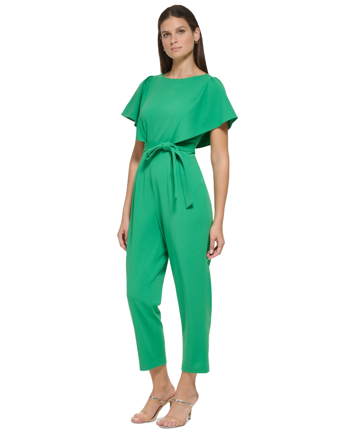 Shop Dkny Women's Cropped Flutter-sleeve Belted Jumpsuit In Apple Green