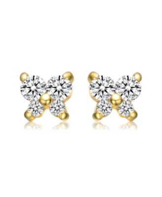 Sterling Silver 14K Gold Plated Cubic Zirconia Four-Stone Butterfly Cluster Stud Earrings