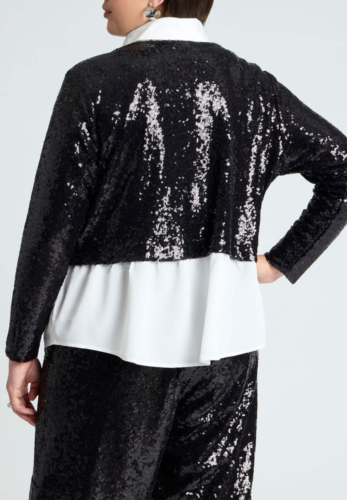 Eloquii Plus Size Collared Sequin Twofer - Black and white