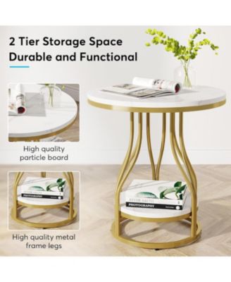 Round Side Table White Gold End Table 2-Tier End Table Modern Bedside Table Small Side Table with Storage for Couch Side, Sofa Side Table with Metal Frame for Living Room