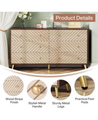 47-Inch Dresser for Bedroom with 6 Drawers, Double Wide Chest of Drawers with Gold Legs, Wood and Metal Storage Dresser for Closet, 6-Drawer Dressers Cabinet (Dark Brown+Natural)