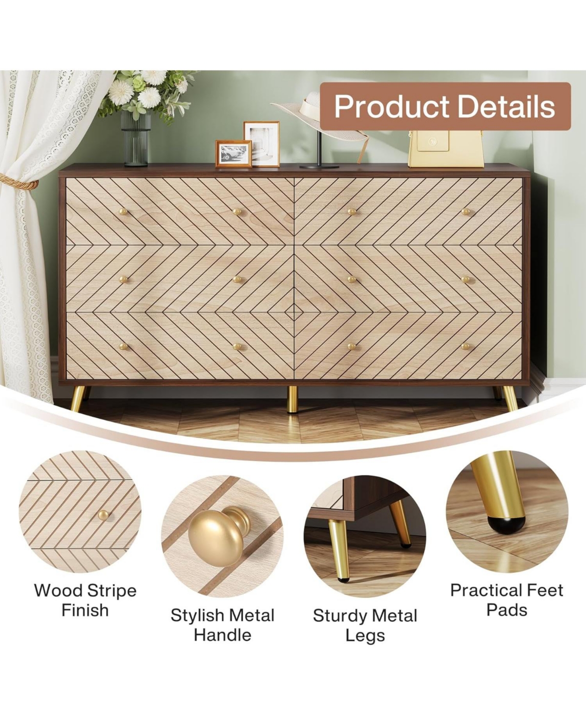 Tribesigns 47-inch Dresser For Bedroom With 6 Drawers, Double Wide Chest Of Drawers With Gold Legs, Wood And Me In Dark Brown+natural