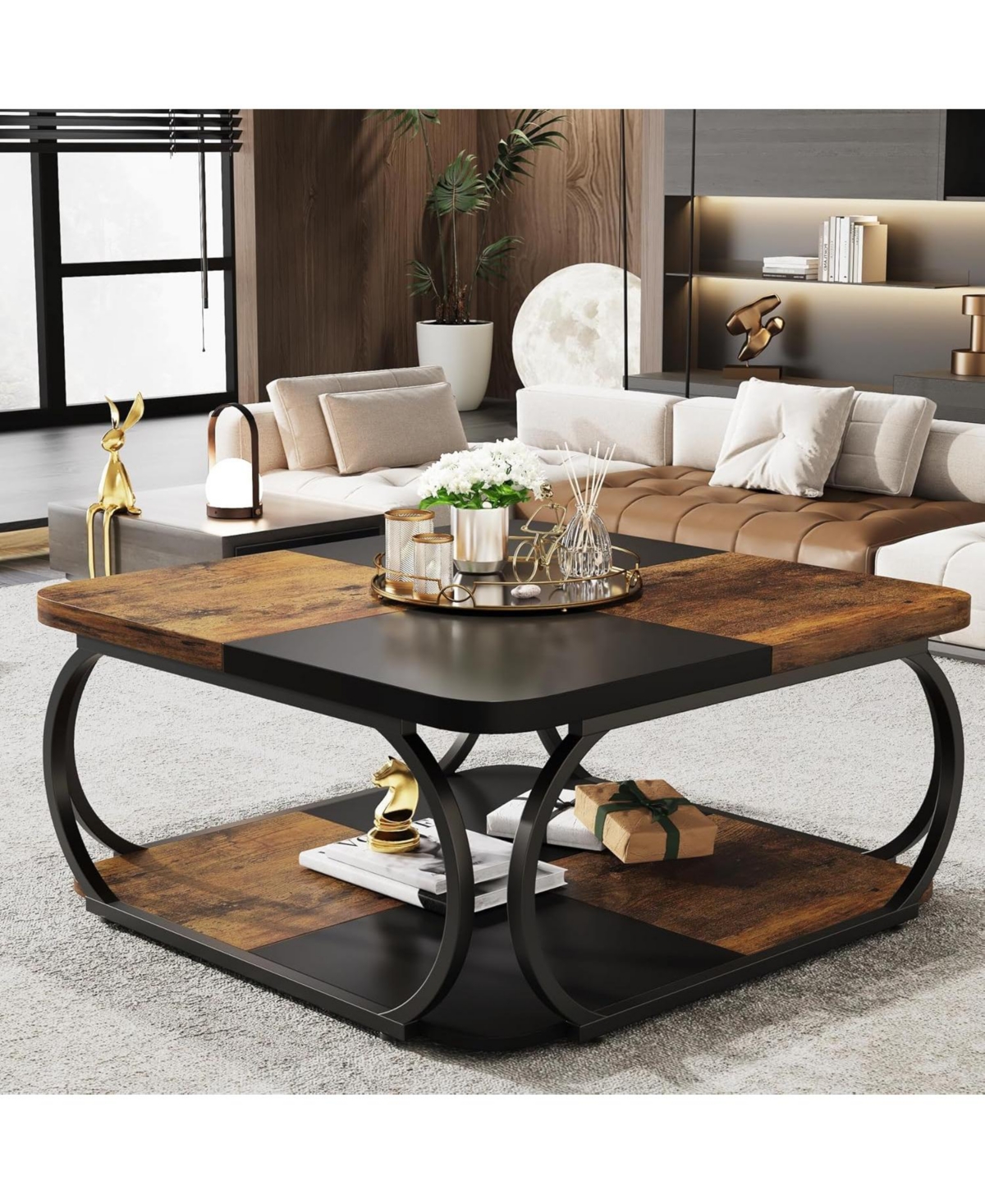 Tribesigns Coffee Table With Open Storage Shelf For Living Room, 39 Inch Large Wood Center Table Square Low Cof In Rustic Brown  Black