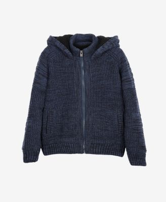 Boys Hooded Faux Shearling Lining Full Zip Sweater With Moto Design Arm Piece