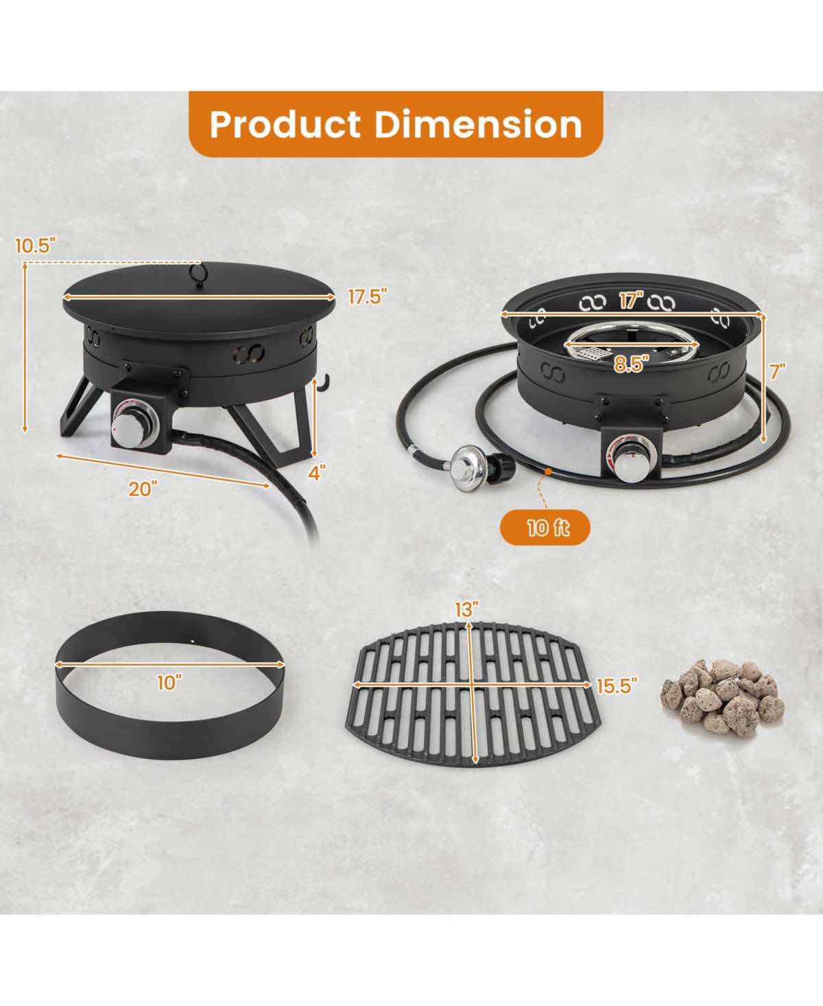Sugift Portable Gas Fire Pit with Folding Legs and Removable Grill for Camping