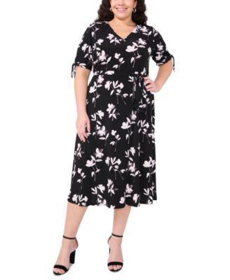 MSK - Plus Size Printed V-Neck Tie-Waist Midi Dress