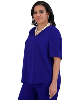 Kasper - Women's V-Neck Pleated-Shoulder Elbow-Sleeve Top