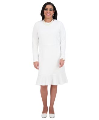 Kasper - Women's Round-Neck Long-Sleeve Ruffle-Hem Dress