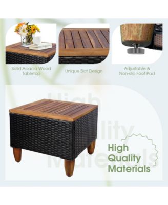 3 Pieces Outdoor Patio Wicker Furniture Set with Cushions and Acacia Wood Table